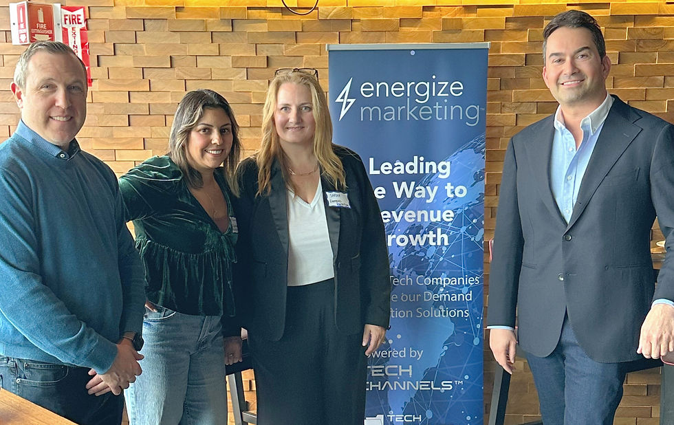 Left to right: Michael Greenhut, Co-Founder Energize Marketing,&nbsp;Maria Velasquez, Chief Growth Officer & Co-Founder of the Cybersecurity Marketing Society, Sara Maxfield, Senior Director, Sales and David Steifman, Co-Founder Energize Marketing